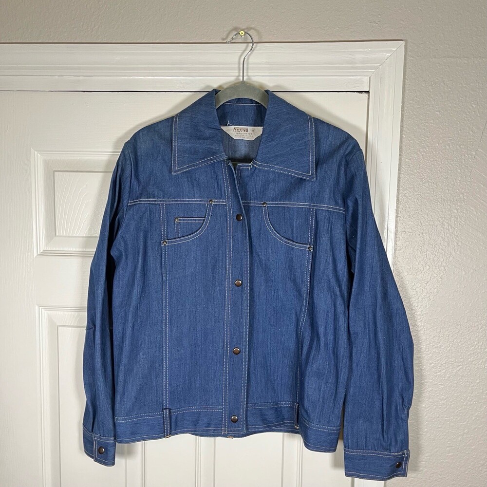 Montgomery Ward Womens 16 Blue Dagger Collar Shirt Jacket Vintage 60s 70s Denim